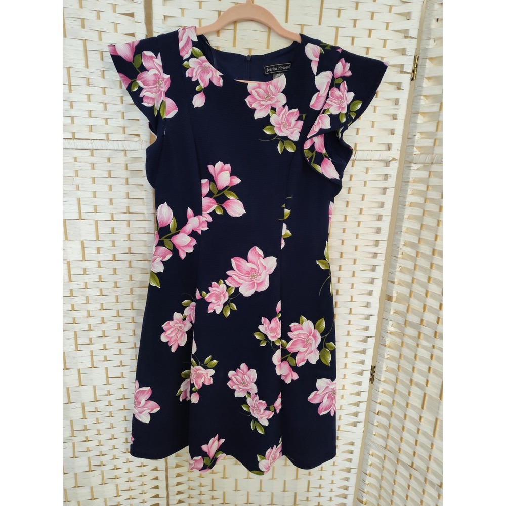Jessica Howard Navy Dress with Pink Floral Print Sz 8 Petite Poly Stretch
